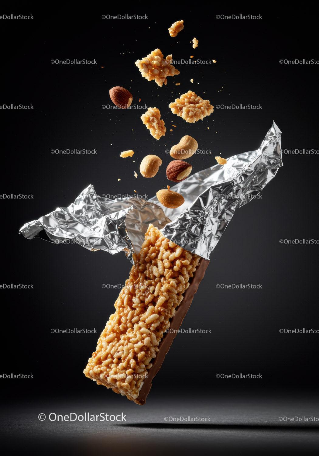 Crispy granola bar with nuts falling from wrapper
