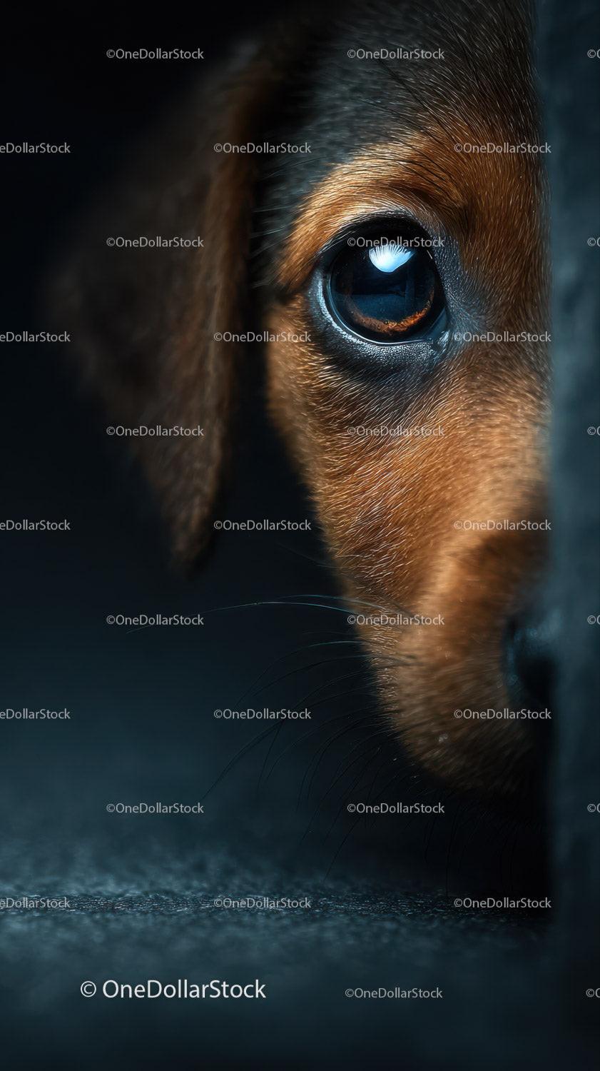 Close-Up of Brown Dog's Eye with Reflective Gaze in Dark Setting