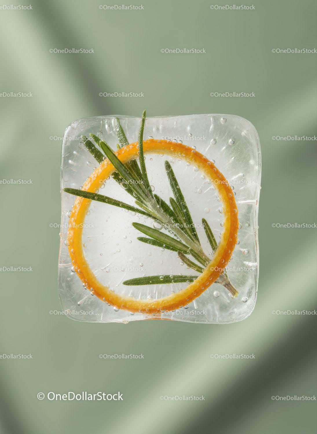 Ice Cube with Rosemary and Orange Slice on Green