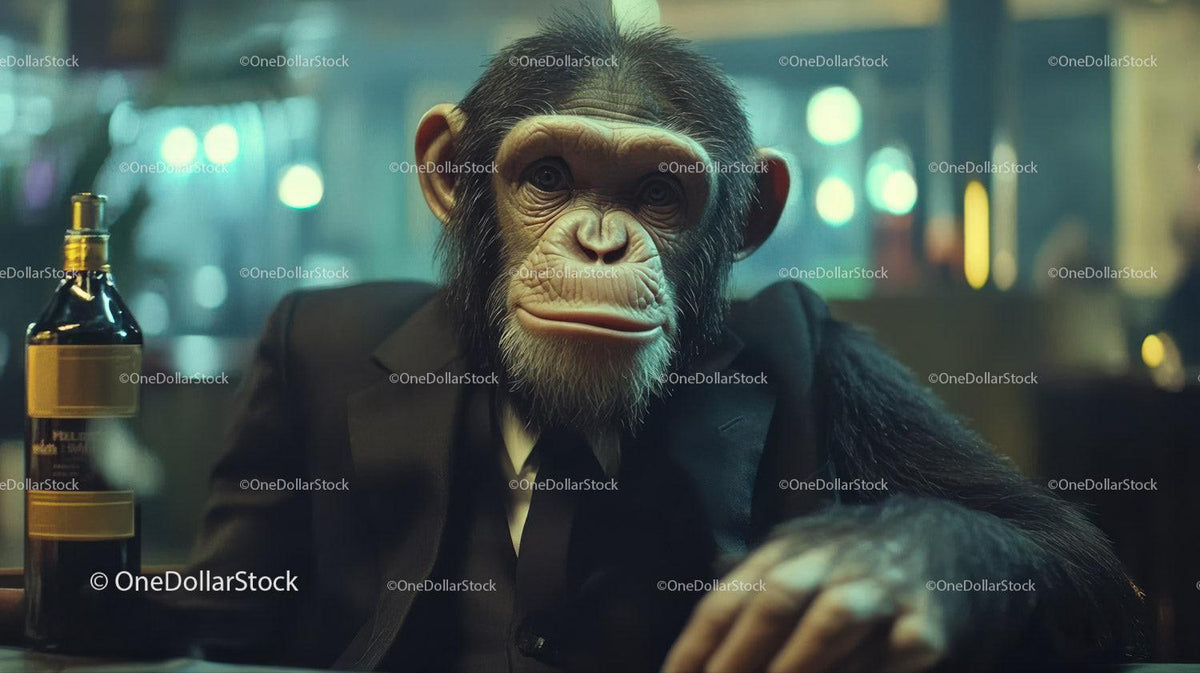 chimpanzee wearing black suit sitting behind bar with liquor bottles and warm bokeh lights