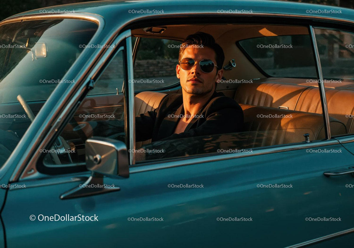 Stylish Man in Sunglasses Sitting in Classic Vintage Car at Sunset Stock Photo Bundle preview 15