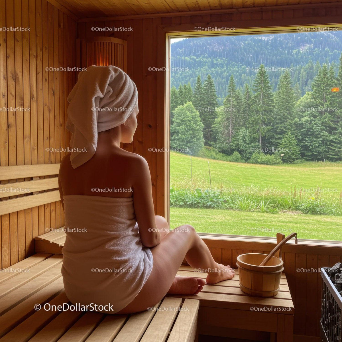 Serene Woman Relaxing in Sauna with Mountain Forest View