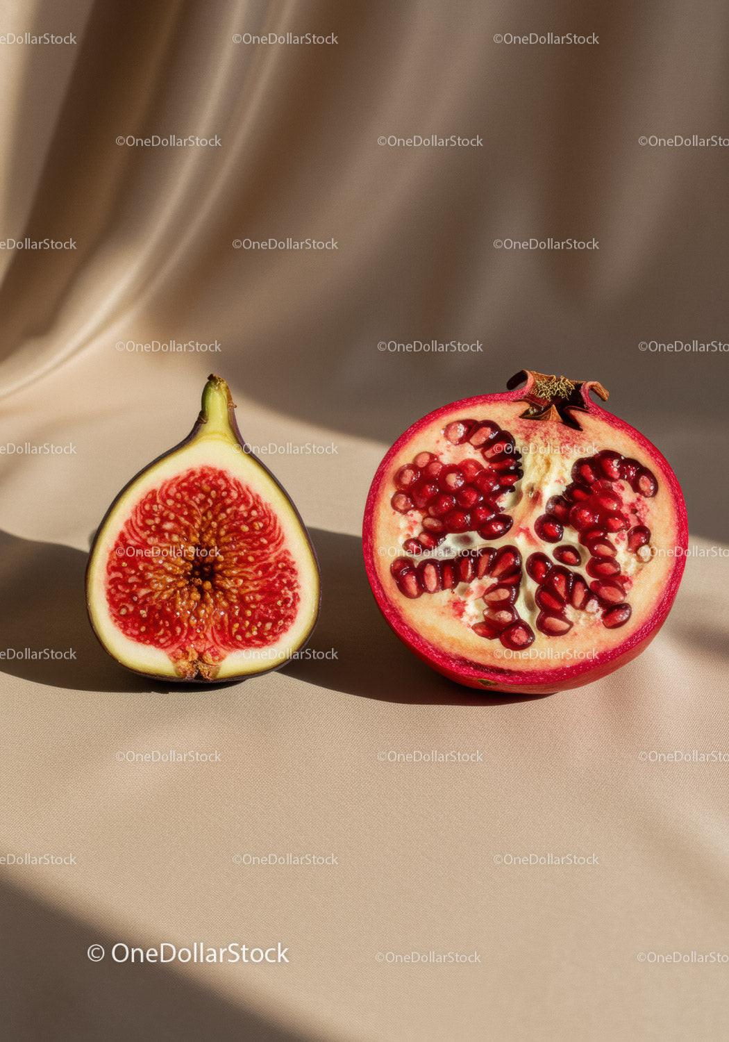 Fresh fig and pomegranate halves on beige fabric