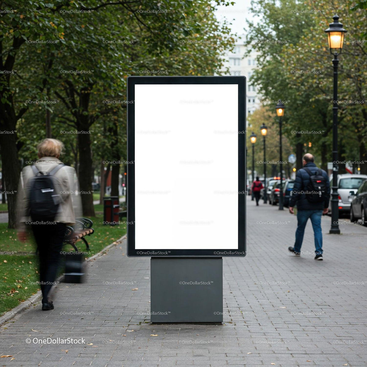 Blank urban advertising board on city sidewalk in autumn JPG Mockup Image preview