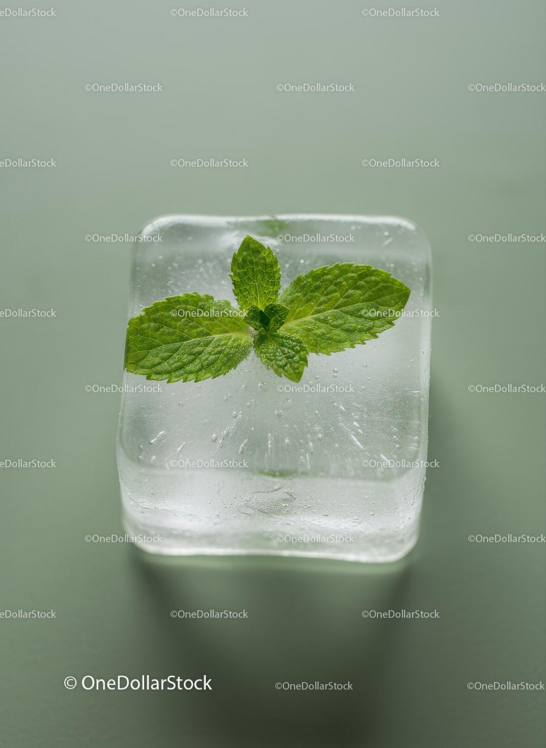 Fresh Mint Leaves Embedded in Clear Ice Cube