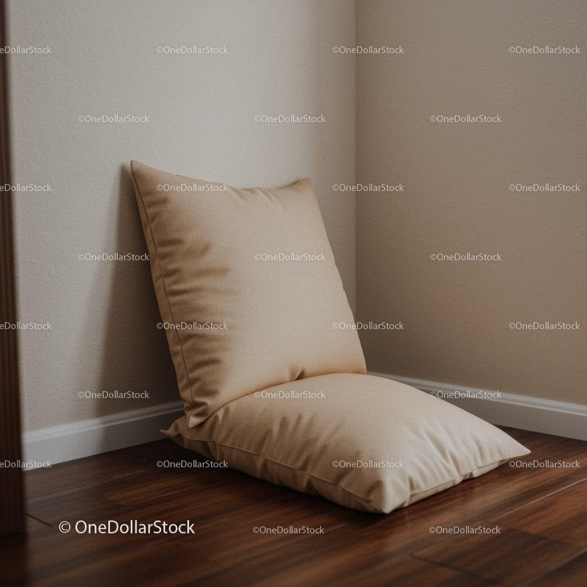 Beige Cushion Resting on Wooden Floor in Cozy Interior Scene
