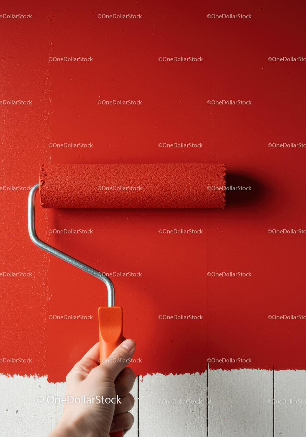 Red Wall Painting with Roller in Modern Interior Renovation