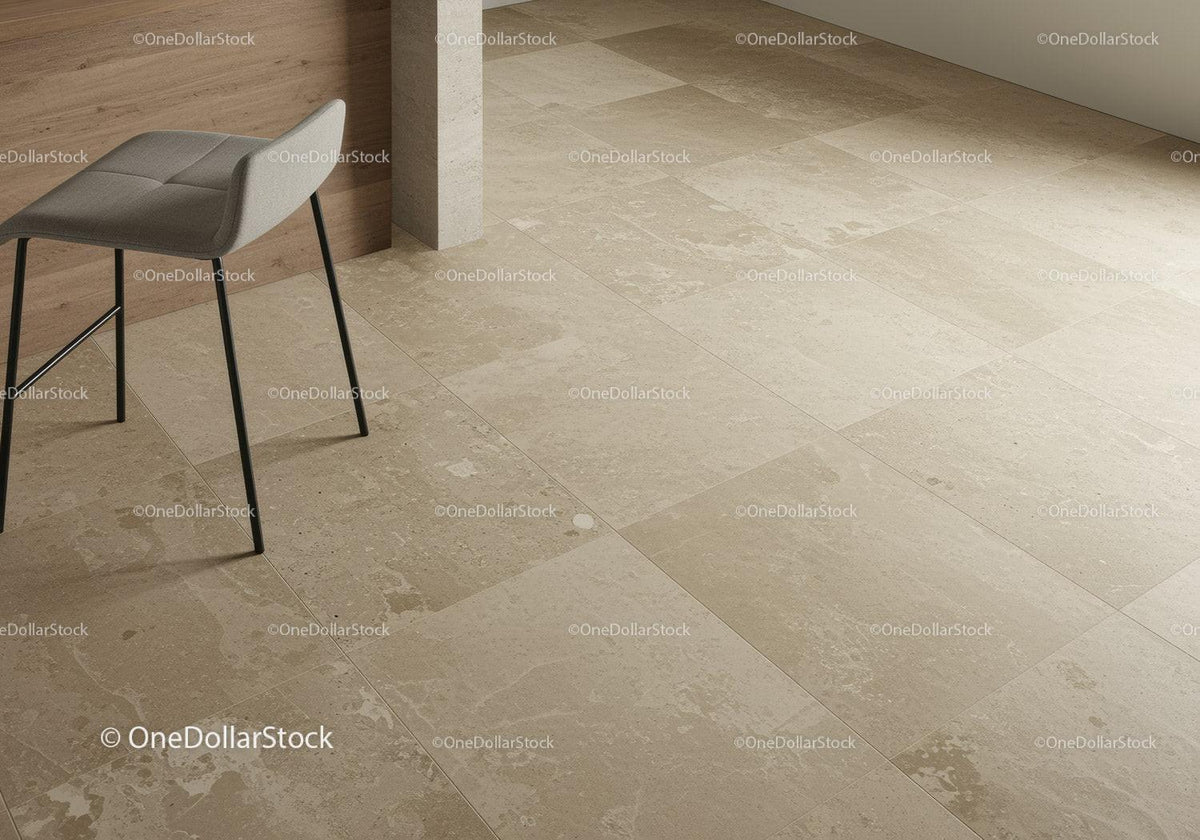 Modern Interior with Beige Tile Floor and Stylish Chair