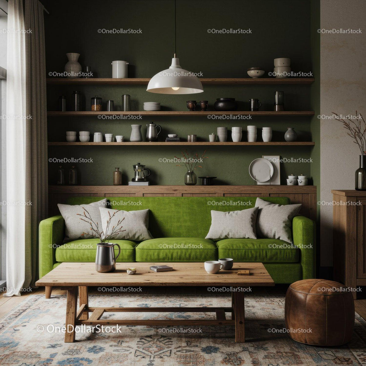 Cozy living room with green sofa and wooden accents