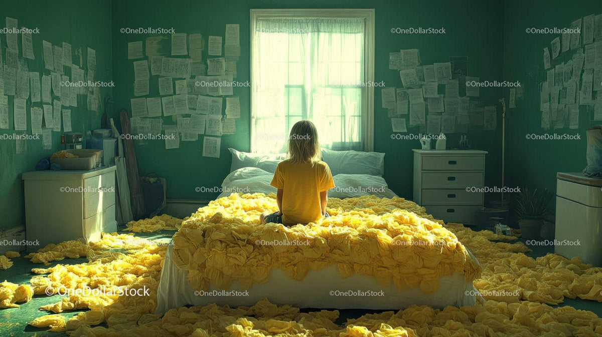 Person in yellow shirt sitting on bed covered with yellow petals in green room with window light