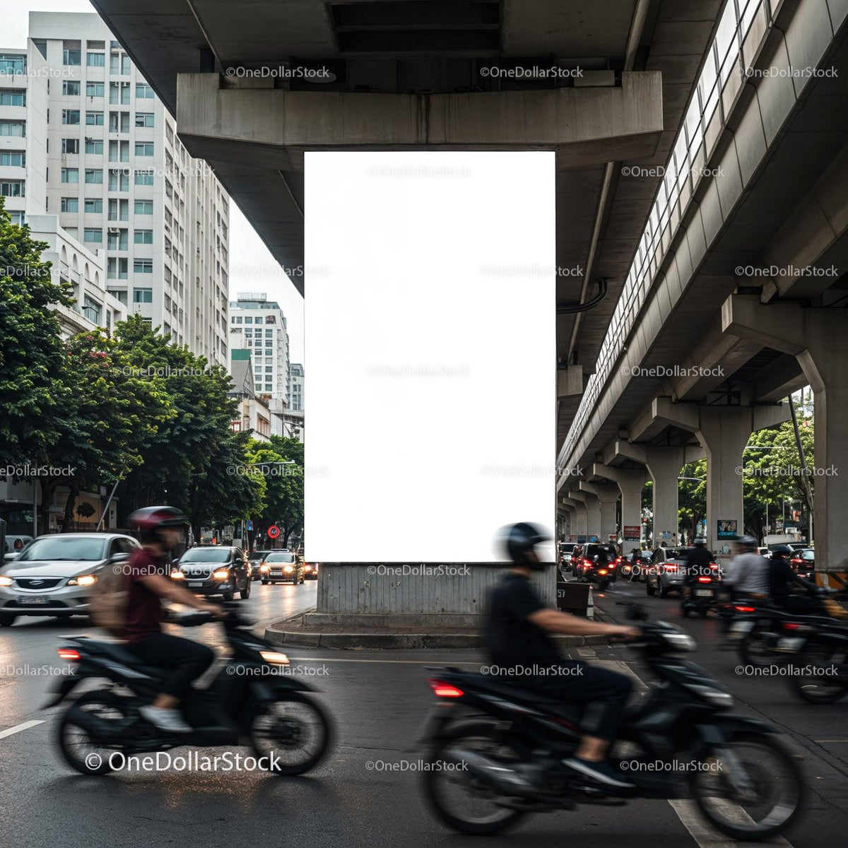 Busy urban street intersection with motorcycles and cars JPG Mockup Image preview