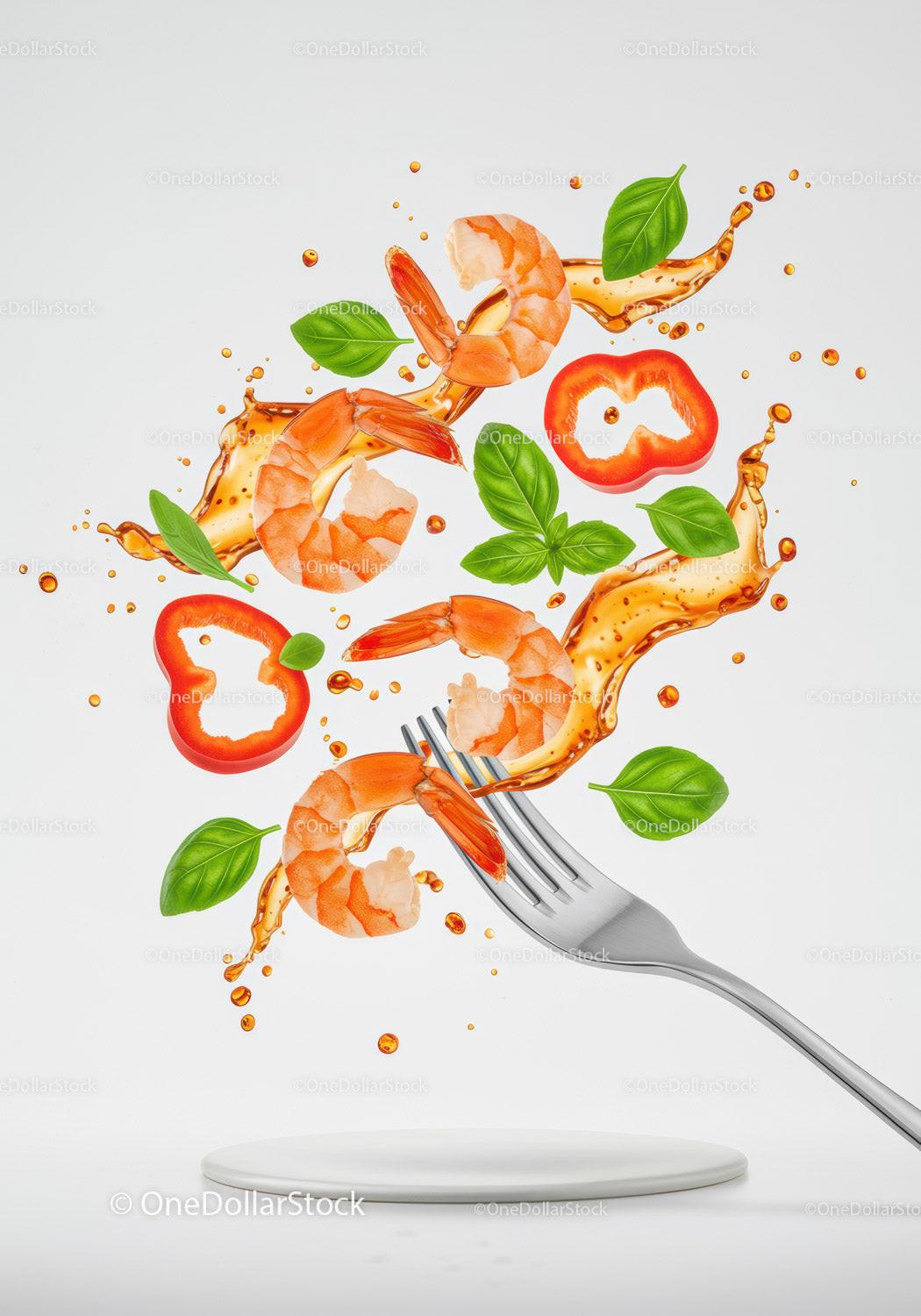 Fresh shrimp and basil with splash of sauce on fork