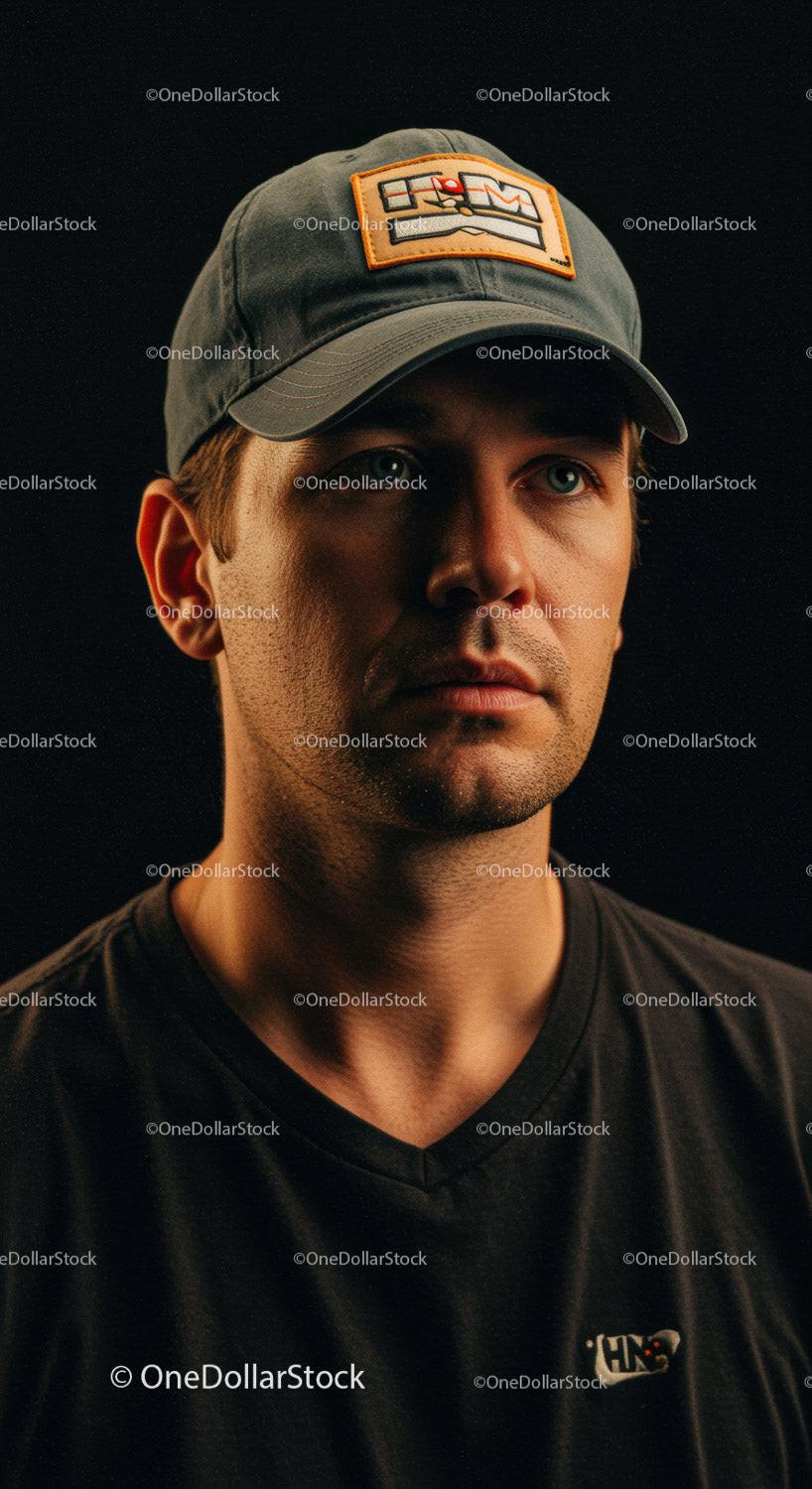 Contemplative man wearing cap in low light portrait
