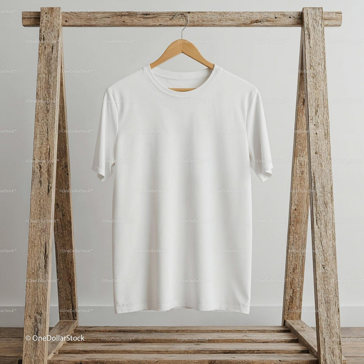 Minimalist White T Shirt Hanging on Wooden Rack JPG Mockup Image preview