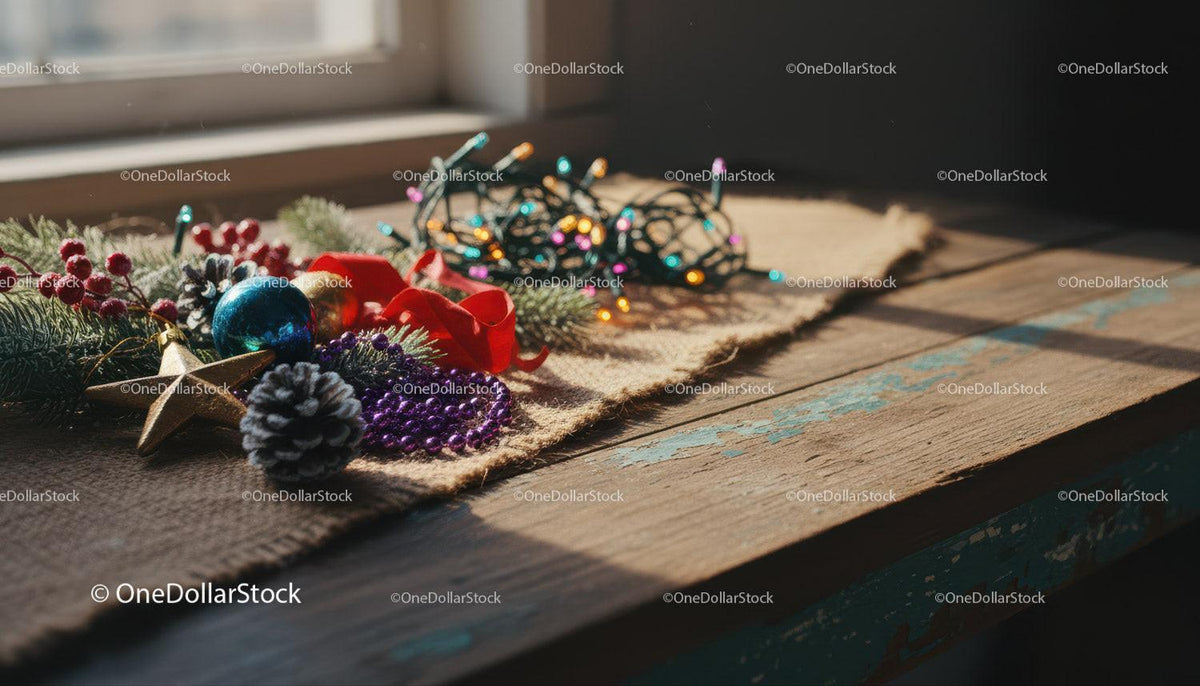 Cozy Christmas Decorations on Rustic Wooden Table