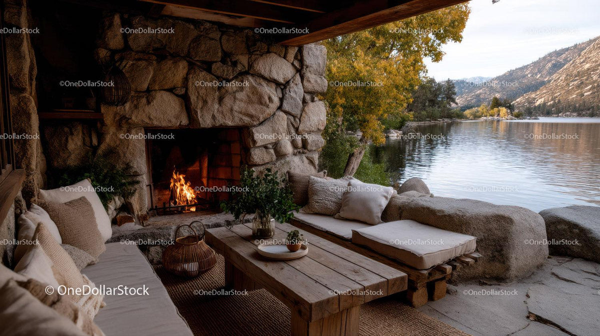 Cozy Riverside Cabin With Fireplace Overlooking Mountain Landscape Stock Photo Bundle preview 10