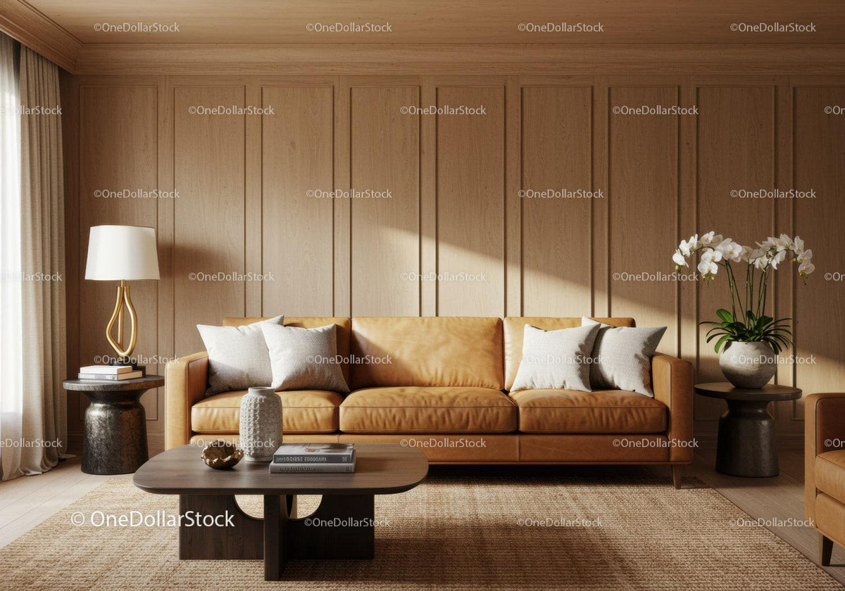 Cozy modern living room with leather sofa and orchids