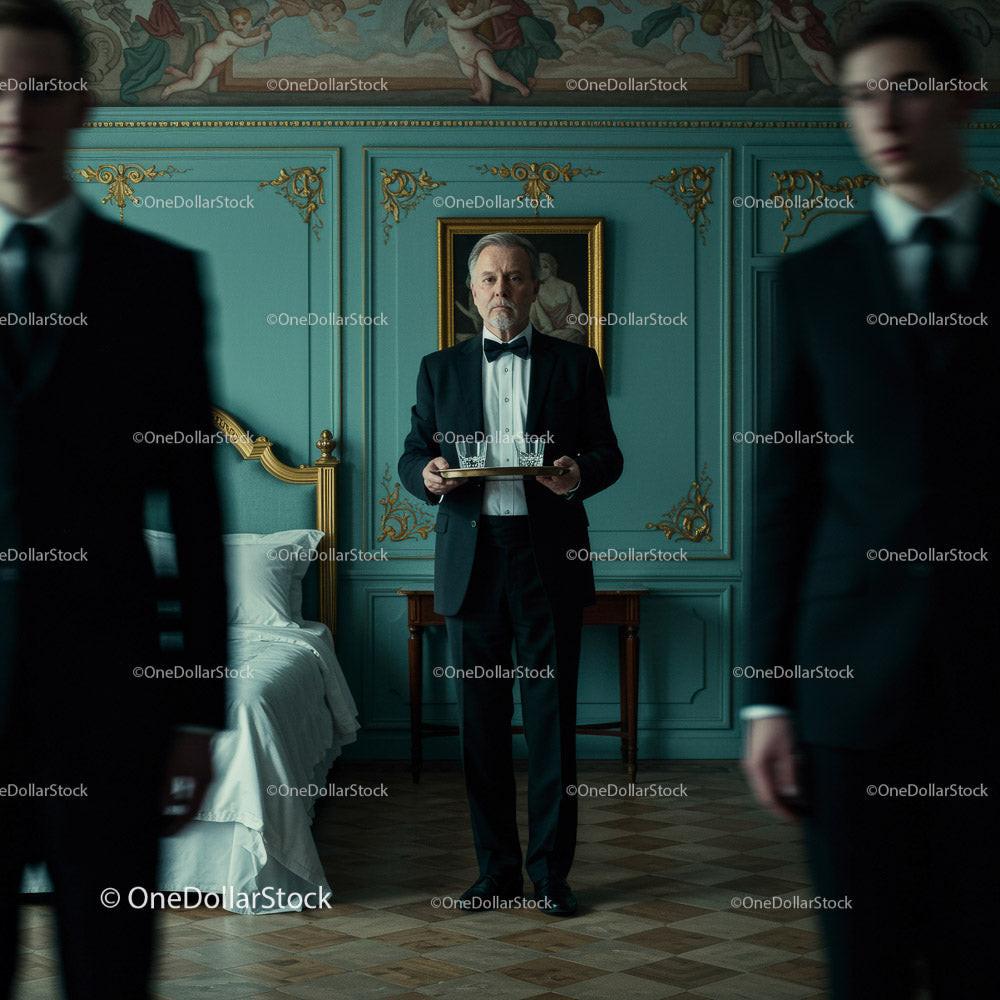 Elegant Waiter in a Luxurious Vintage Setting Serving Drinks Stock Photo Bundle creative preview 4