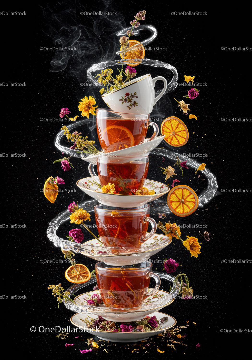 Stack of Tea Cups with Herbal Flowers and Citrus Slices