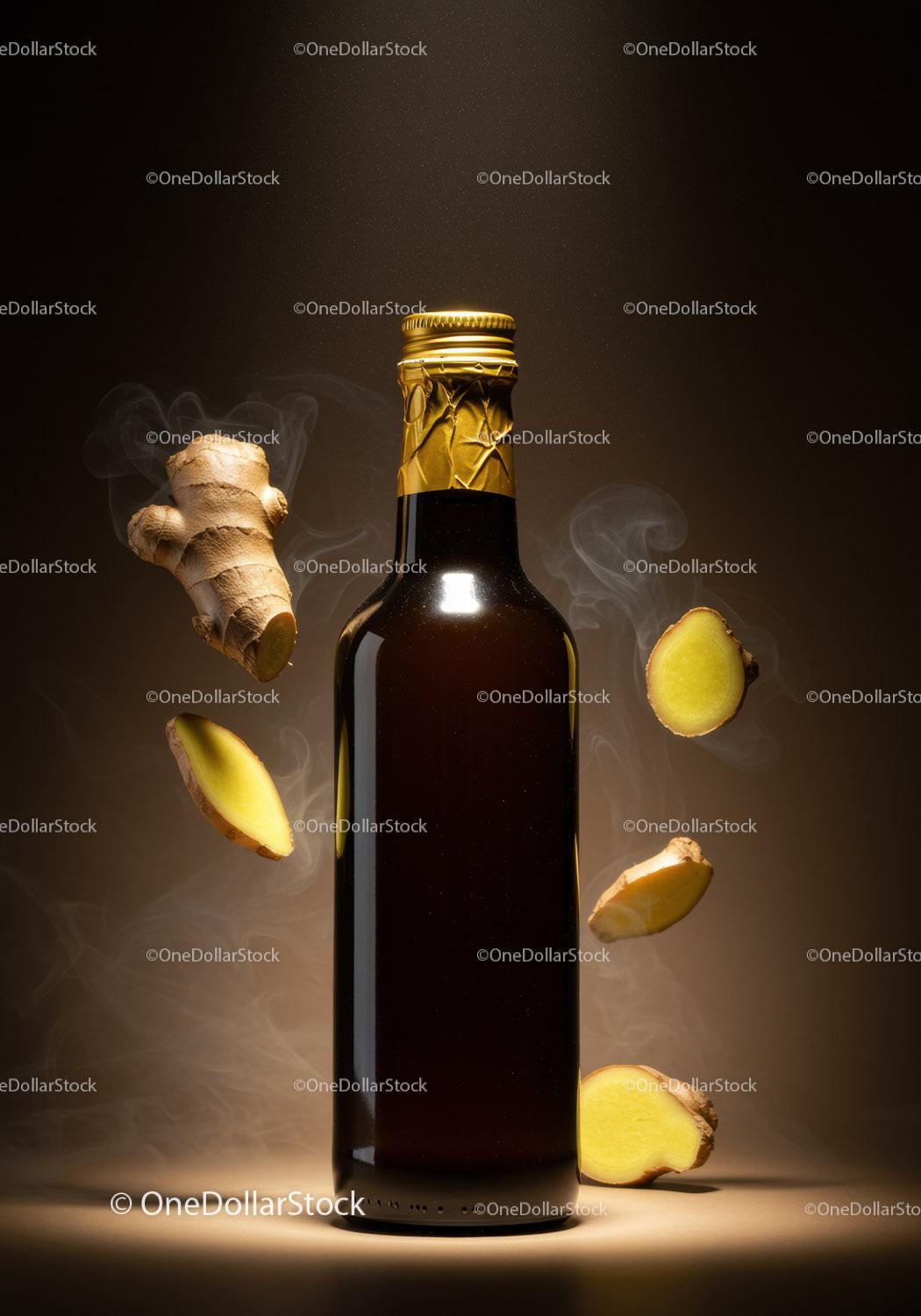 Dark Bottle of Ginger Extract Surrounded by Ginger Slices