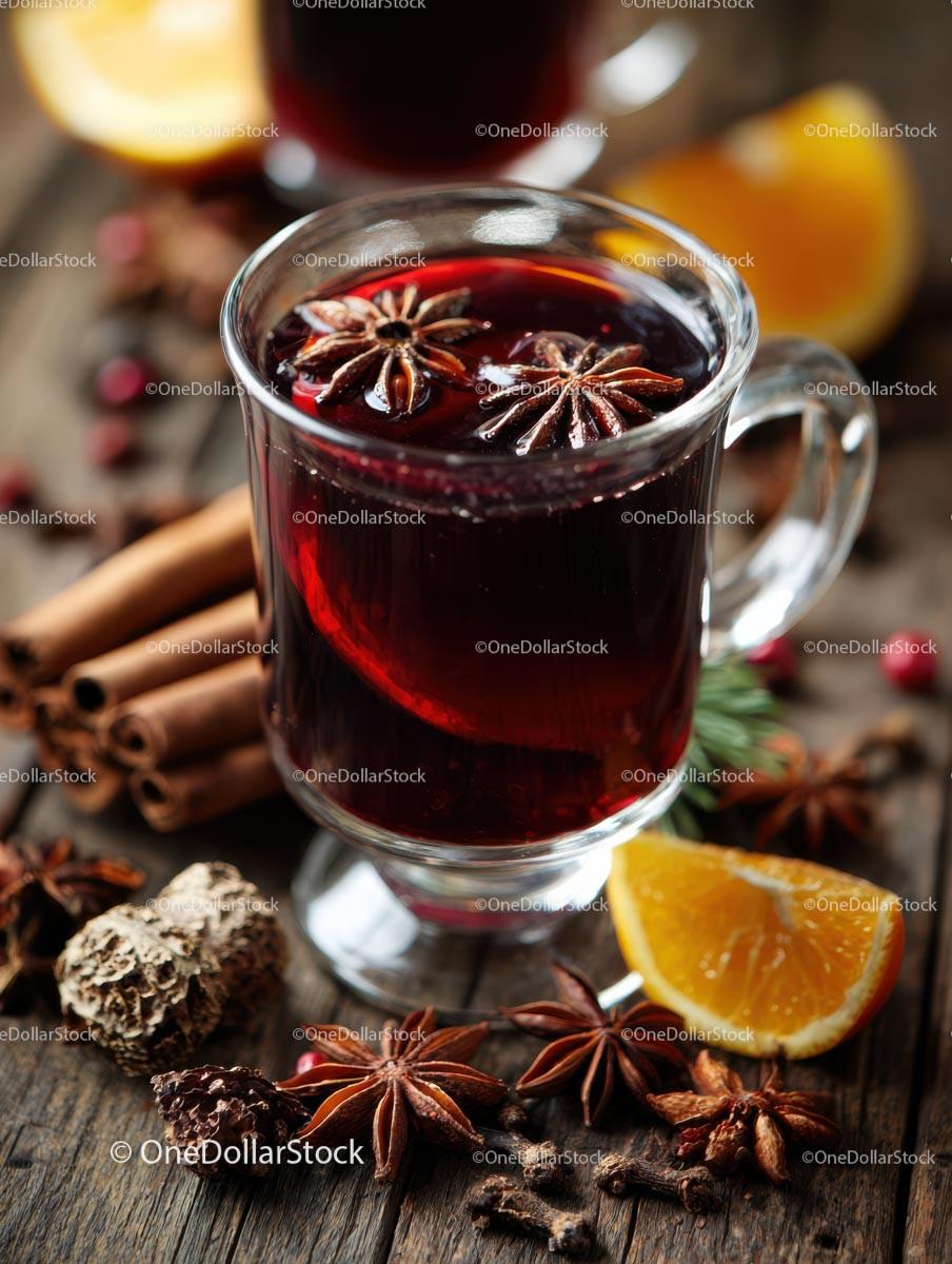 Delicious Mulled Wine with Citrus and Spices in a Glass Mug Stock Photo Bundle preview 17