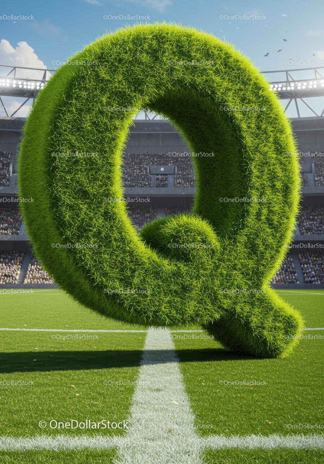 Green Grass Letter Q Standing on Stadium Field