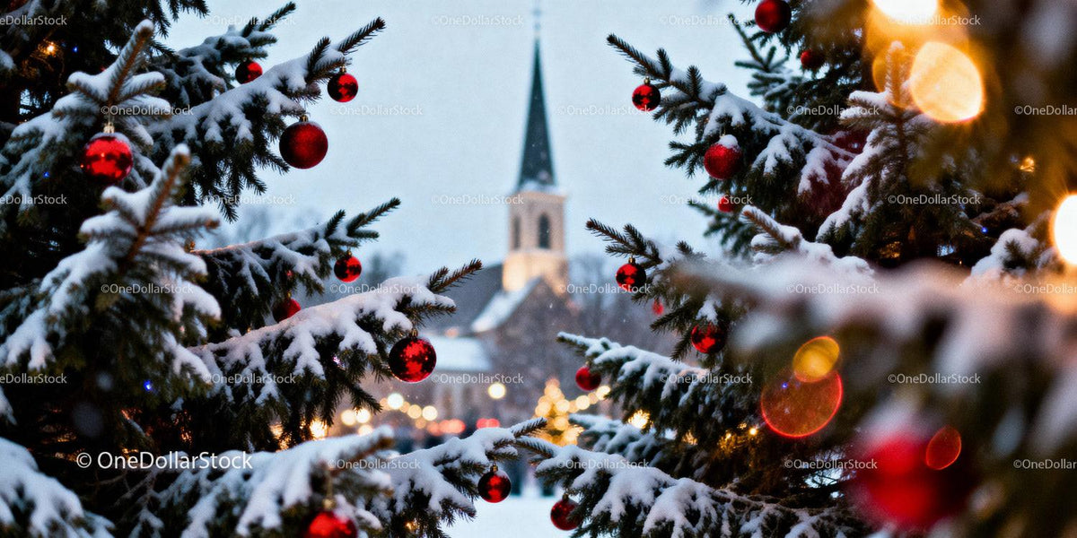 Snow-covered Christmas trees with red baubles near church
