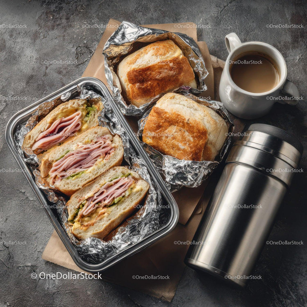 Fresh Ham and Lettuce Sandwiches with Coffee and Bread Rolls