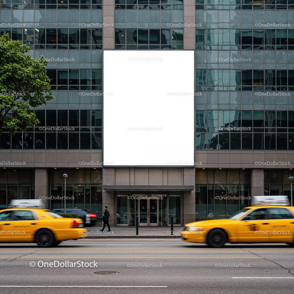 City street with yellow taxis and blank billboard JPG Mockup Image preview