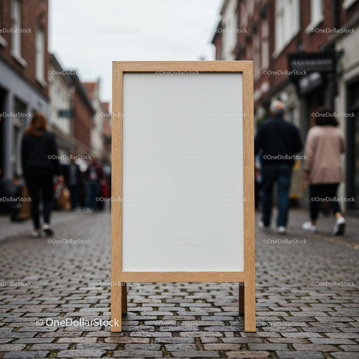 Blank Wooden Frame Sign on Urban Cobblestone Street JPG Mockup Image preview