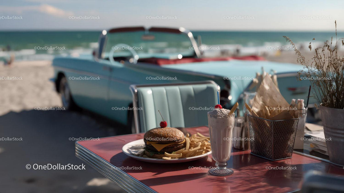 Beachside Cheeseburger French Fries and Milkshake with Classic Car Stock Photo Bundle preview 53