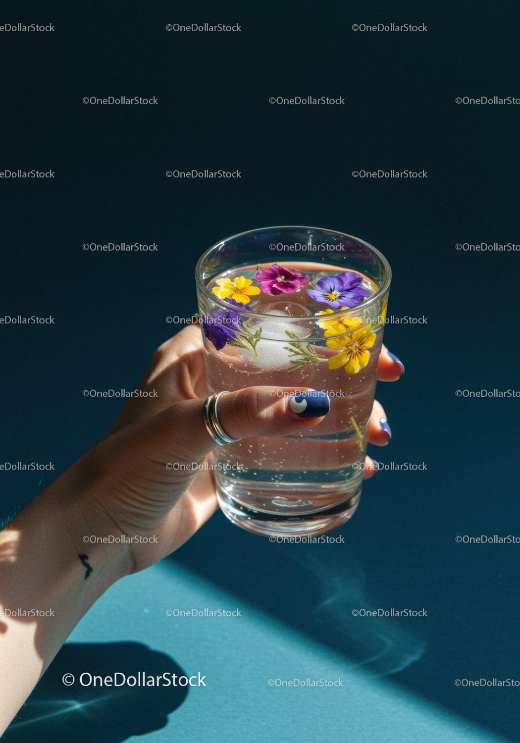 Hand Holding Floral Ice Water with Fresh Herbs