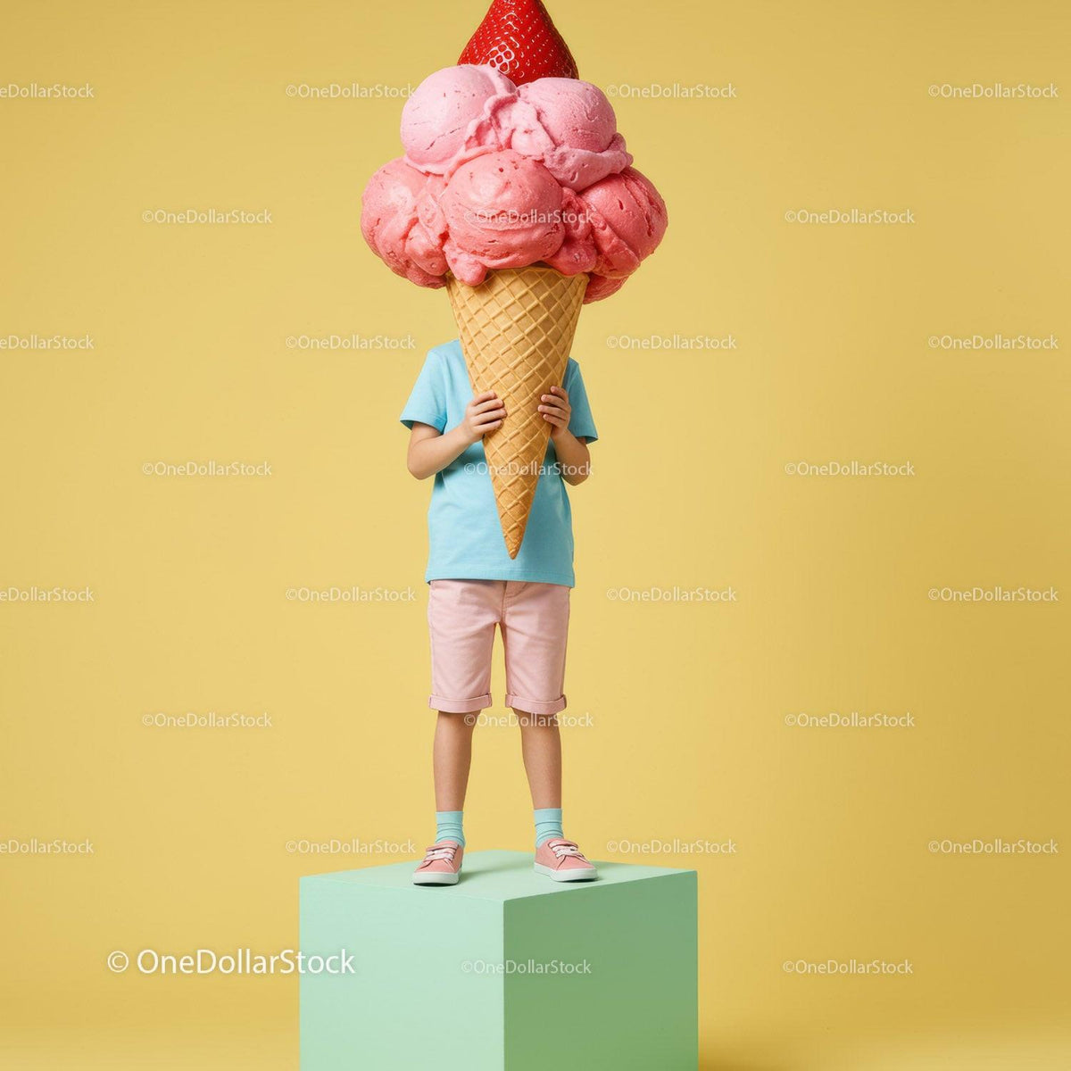 Child holding oversized pink ice cream cone with strawberry