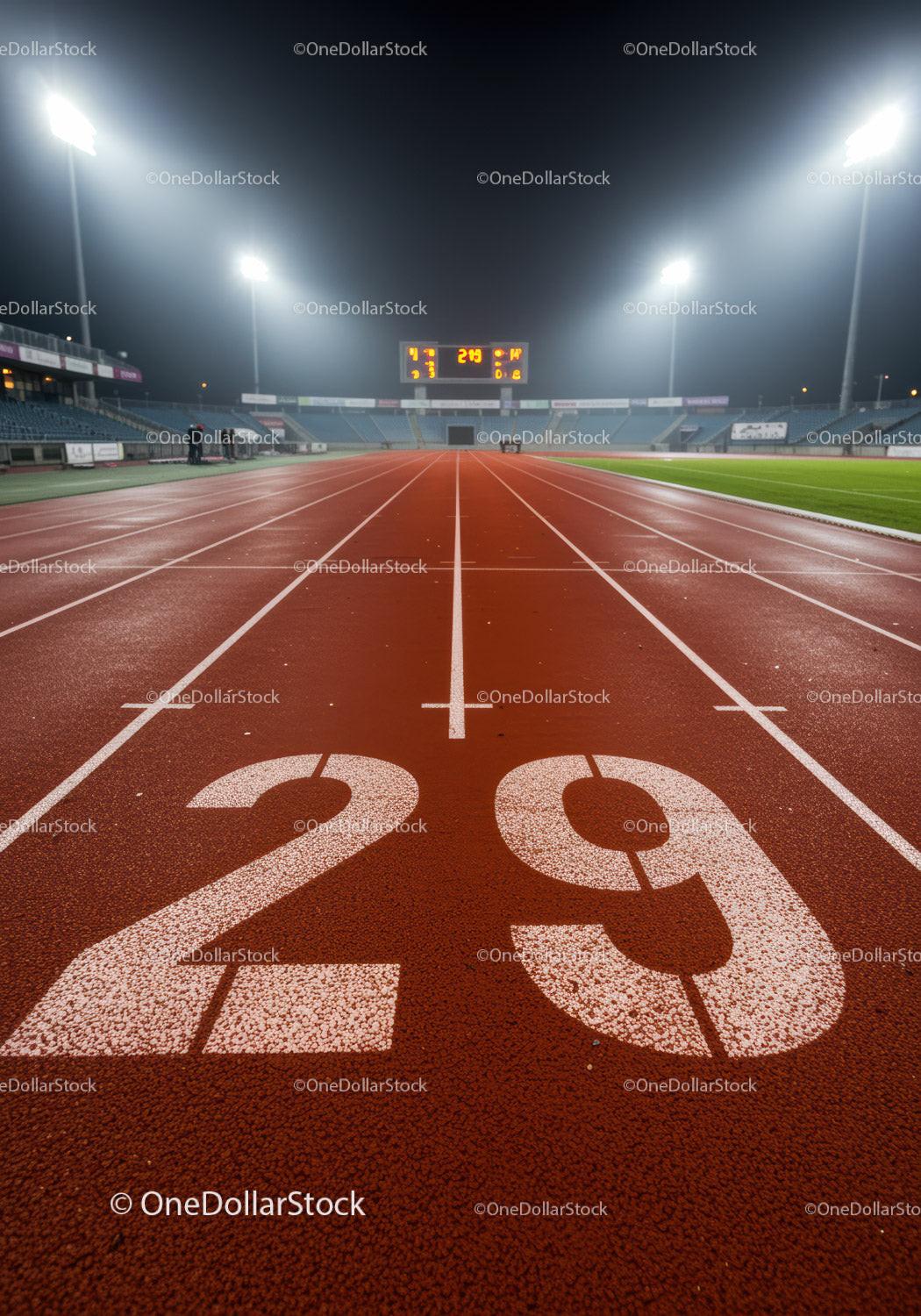 Empty Running Track Lane Number Twenty Nine at Night