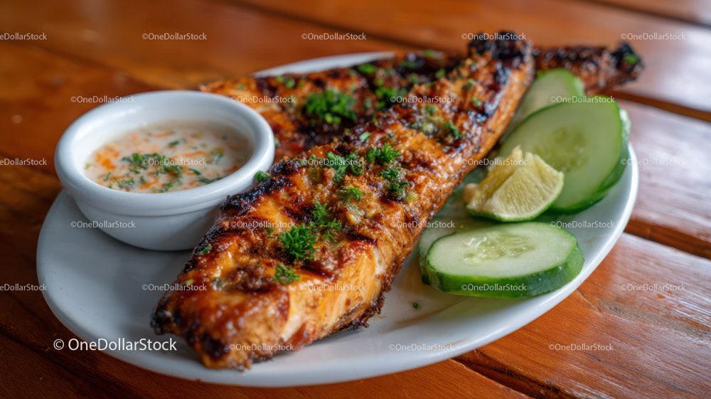 Grilled Salmon with Cucumber Slices and Creamy Dipping Sauce