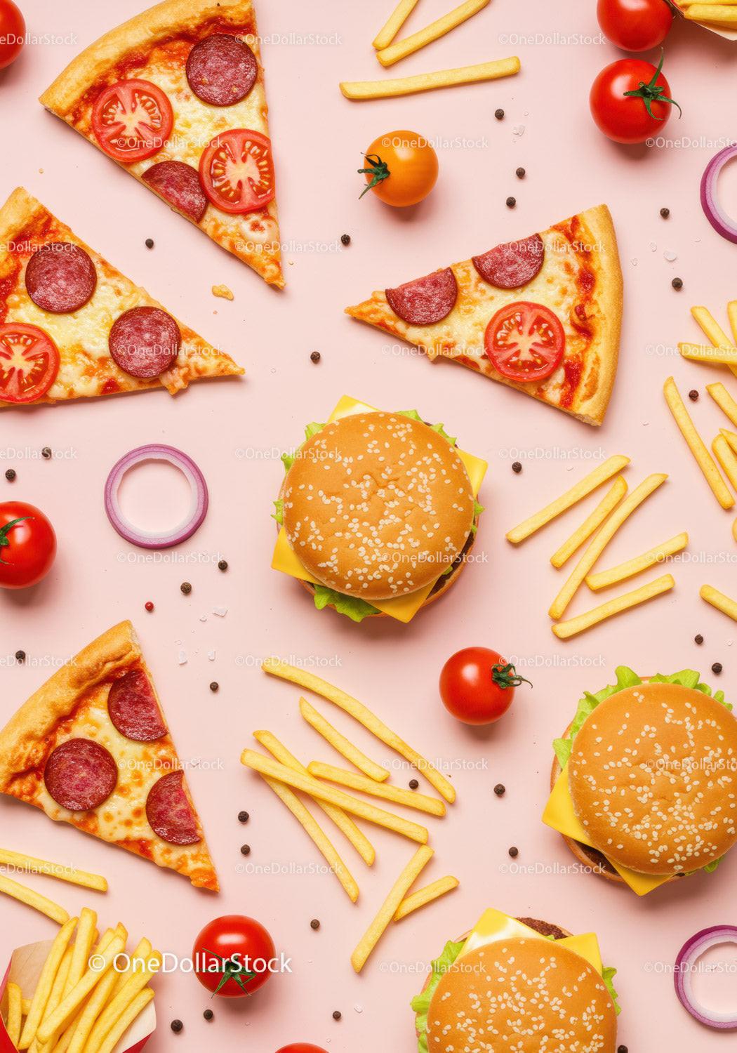 Flat Lay of Classic Fast Food with Burgers and Fries