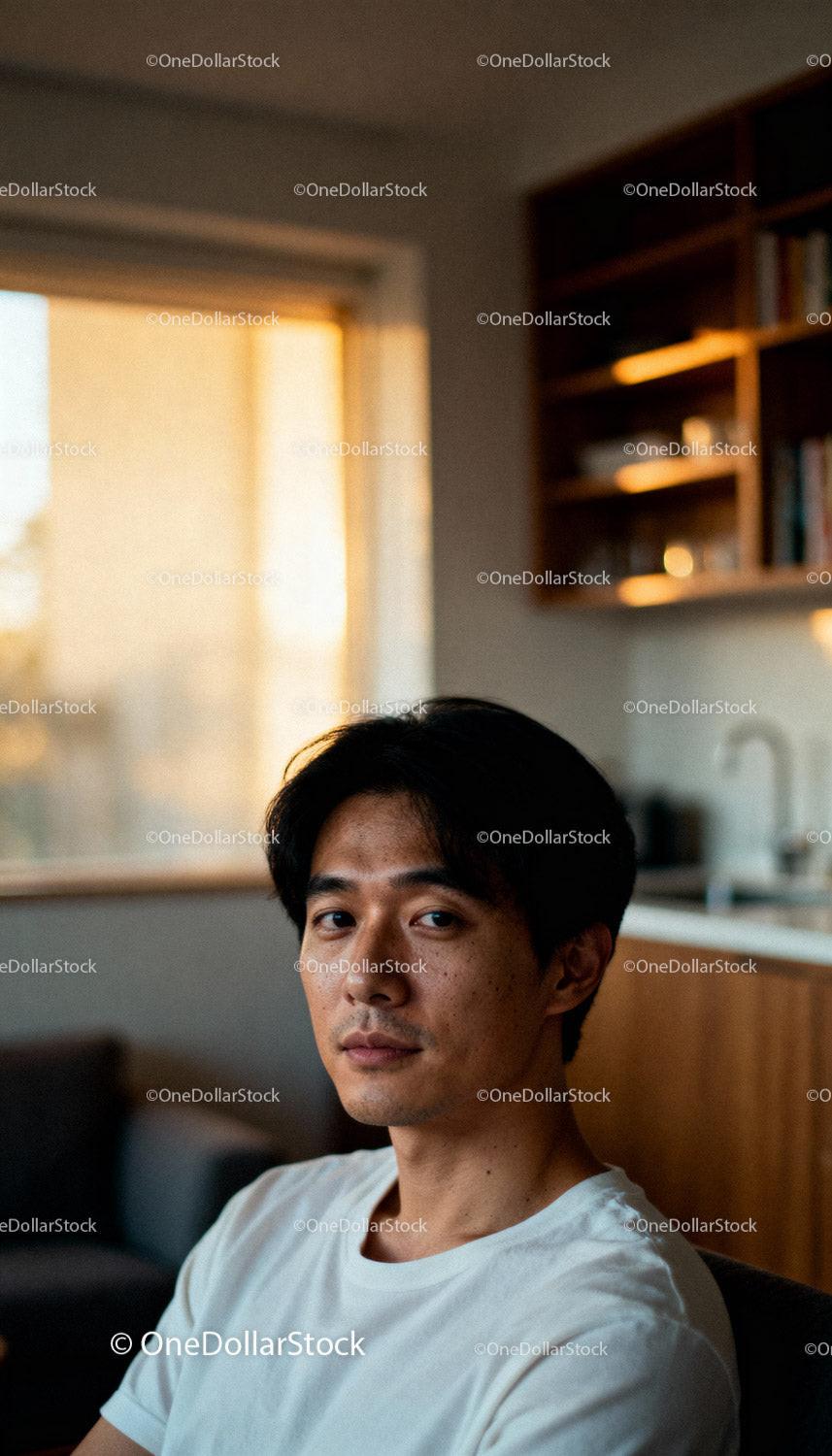 Young man in casual white t-shirt sitting in cozy living room