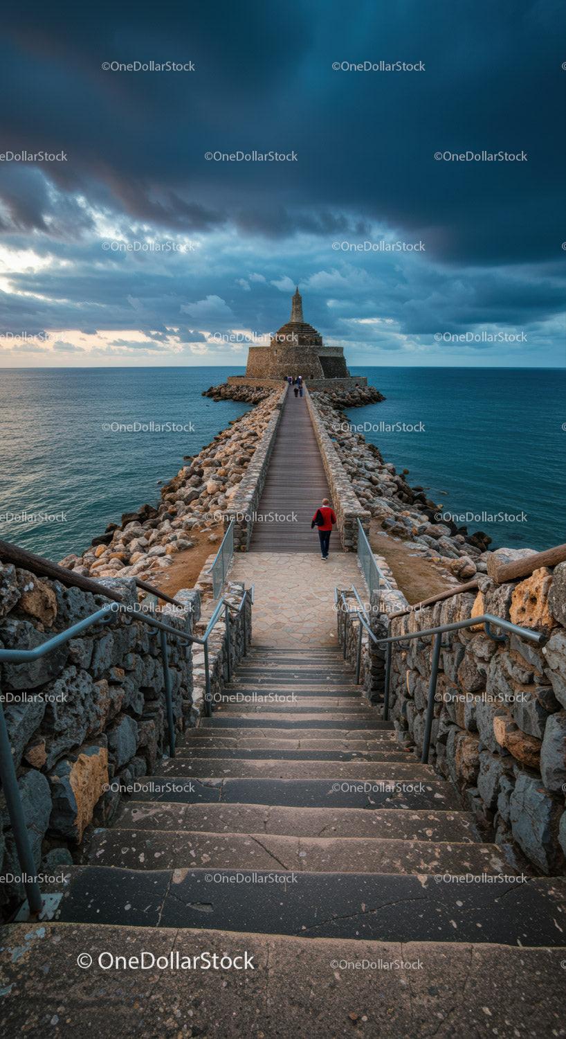 Lighthouse on Stone Pier Under Dramatic Stormy Sky