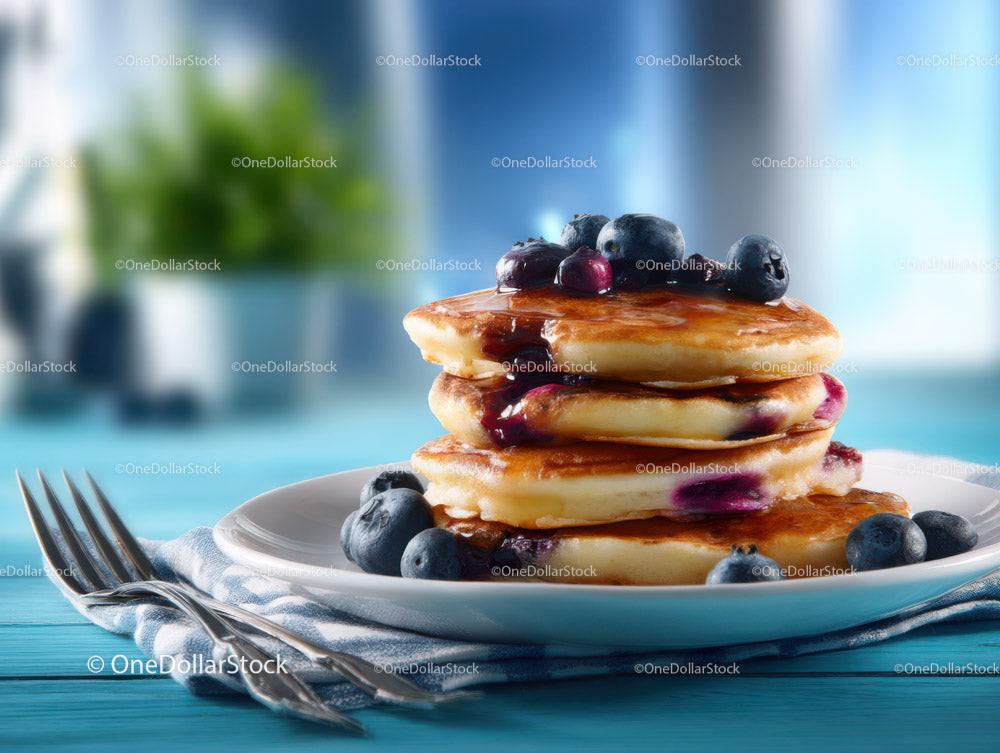 Stack of Blueberry Pancakes with Fresh Blueberries and Mint on a Plate Stock Photo Bundle preview 7