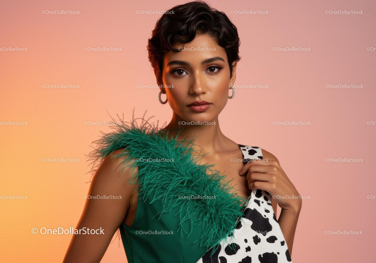Vibrant Fashion Portrait of a Stylish Woman with Feathers and Colorful Dress