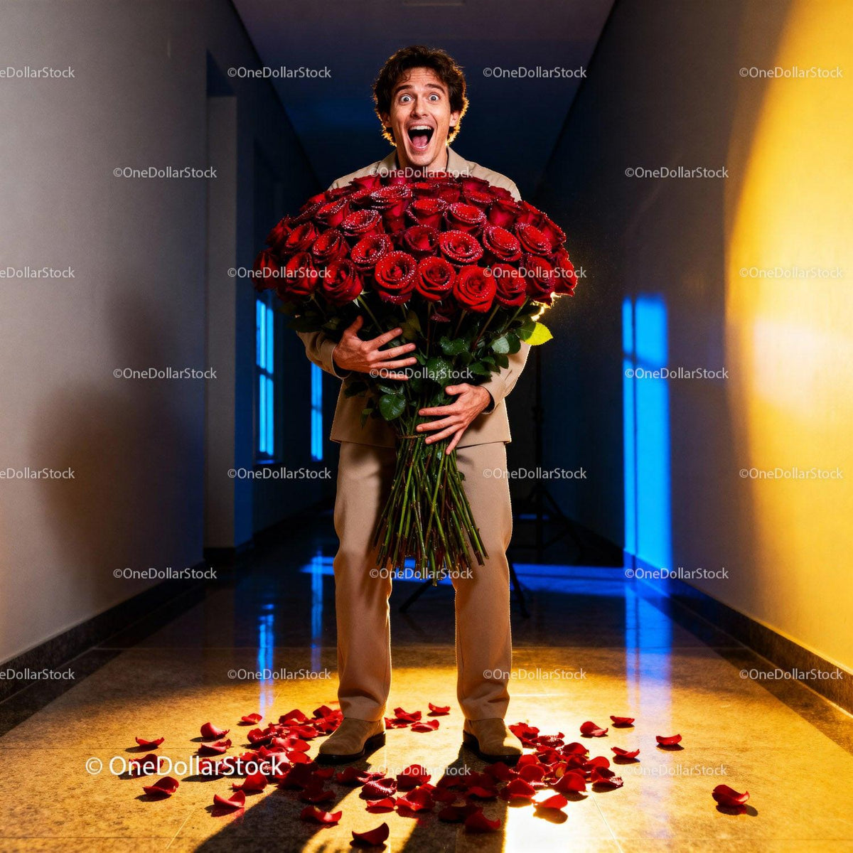 Excited man holding giant bouquet of red roses indoors