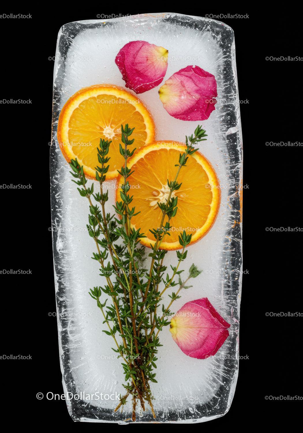 Orange Slices and Herb Sprigs Frozen in Clear Ice Block