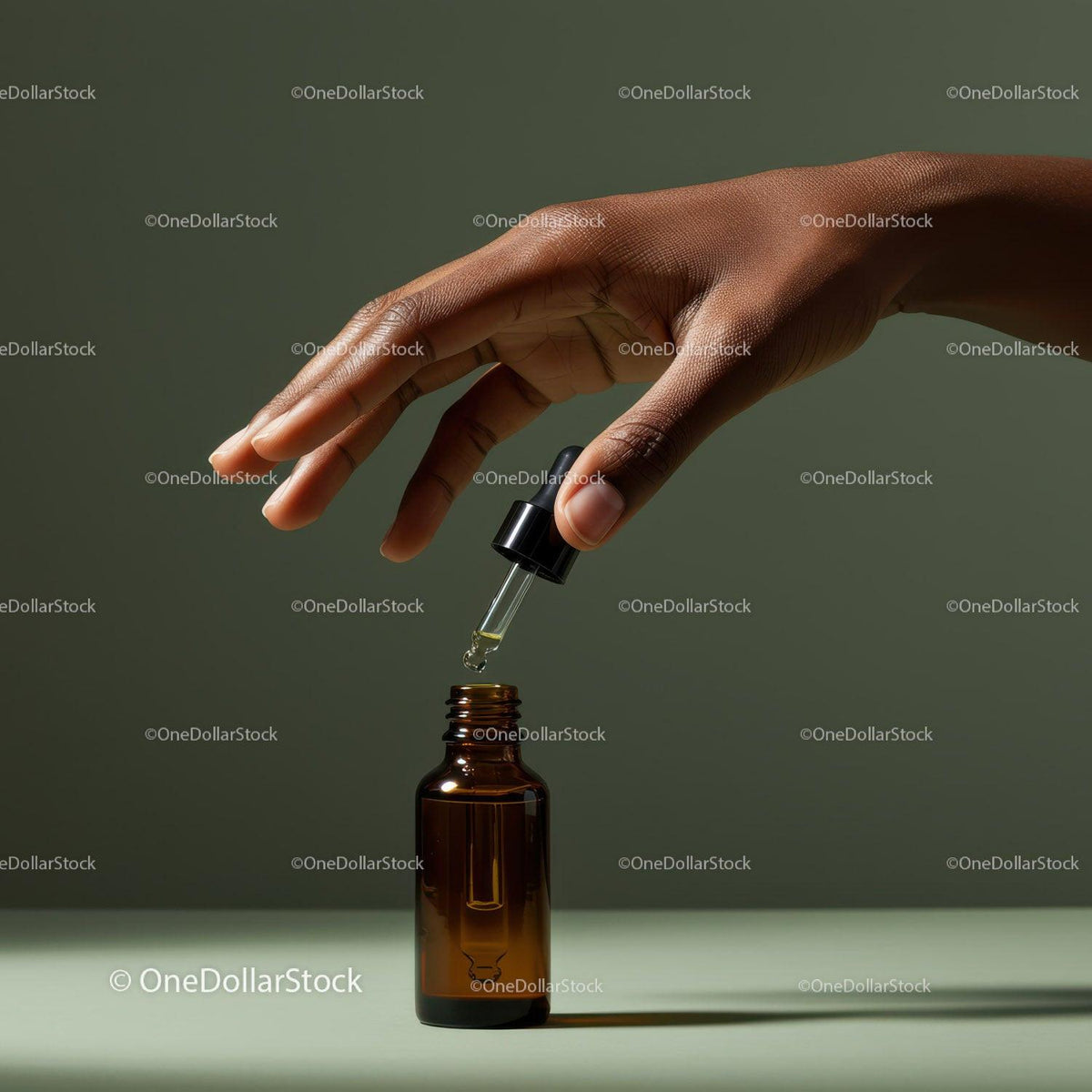Elegant Hand Holding Glass Dropper Over Brown Bottle for Skincare JPG Mockup Image preview