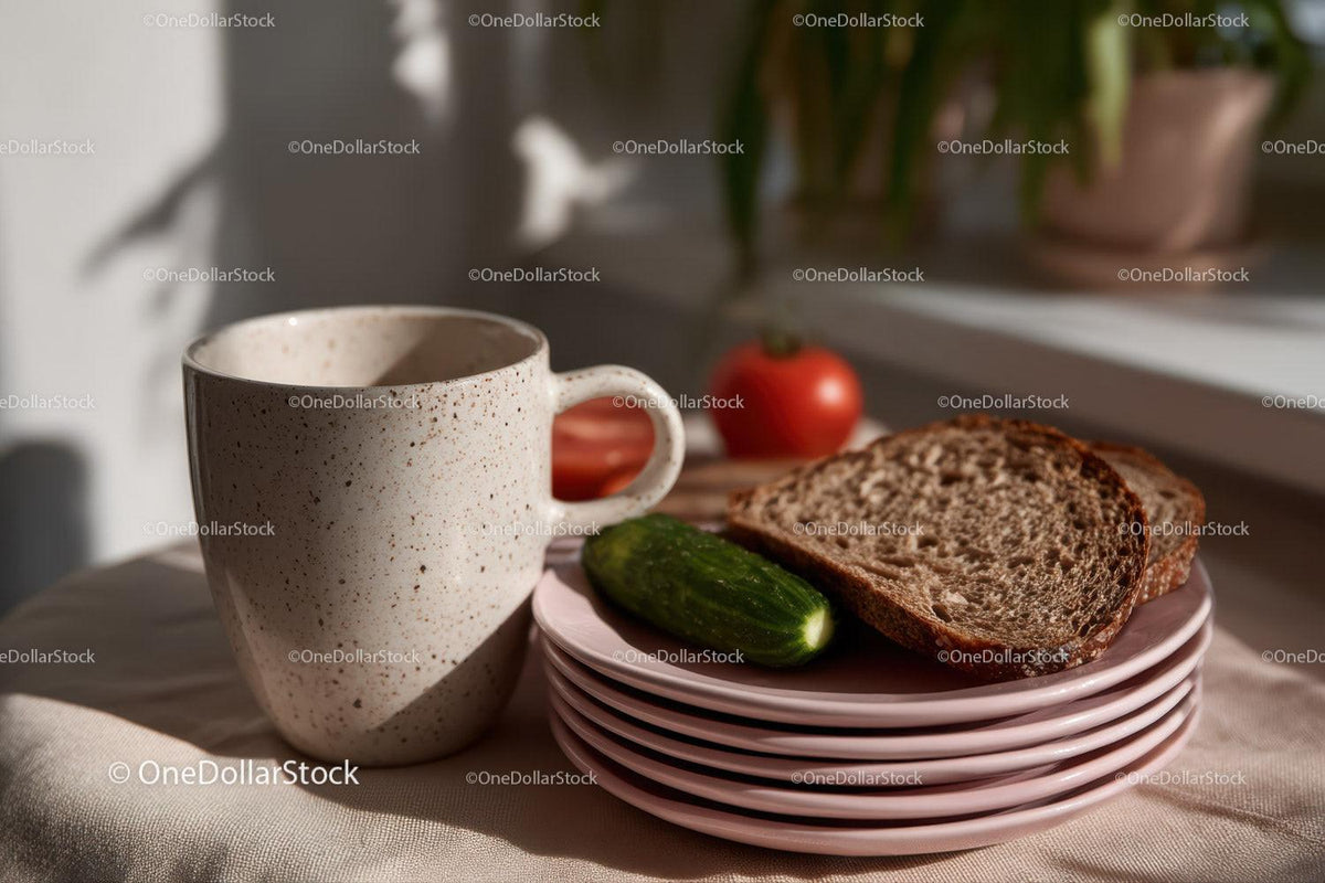 Coffee Mug with Whole Grain Bread Cucumber and Tomato on Table