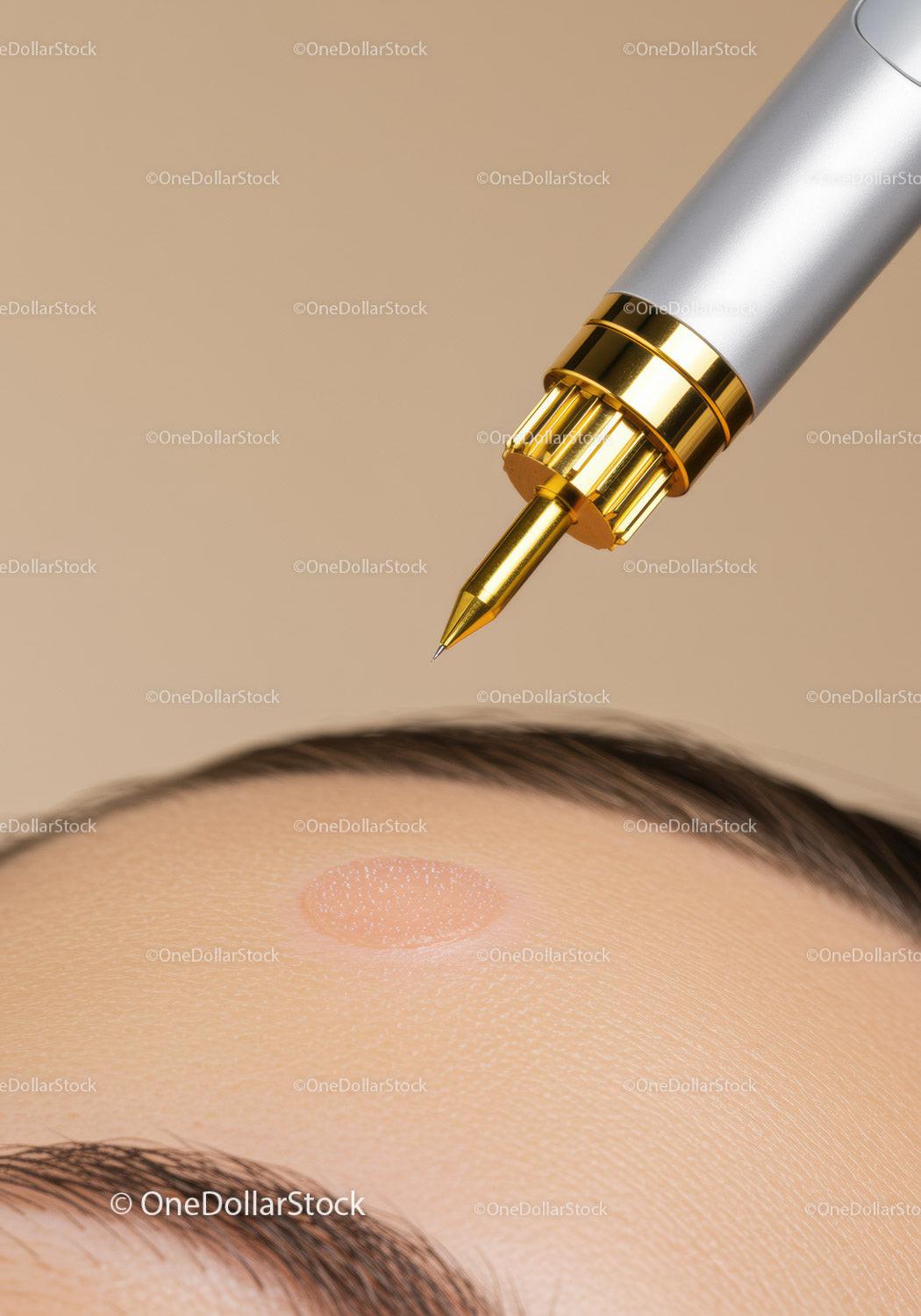Close-up of a cosmetic pen treating skin on forehead with Beauty Technology