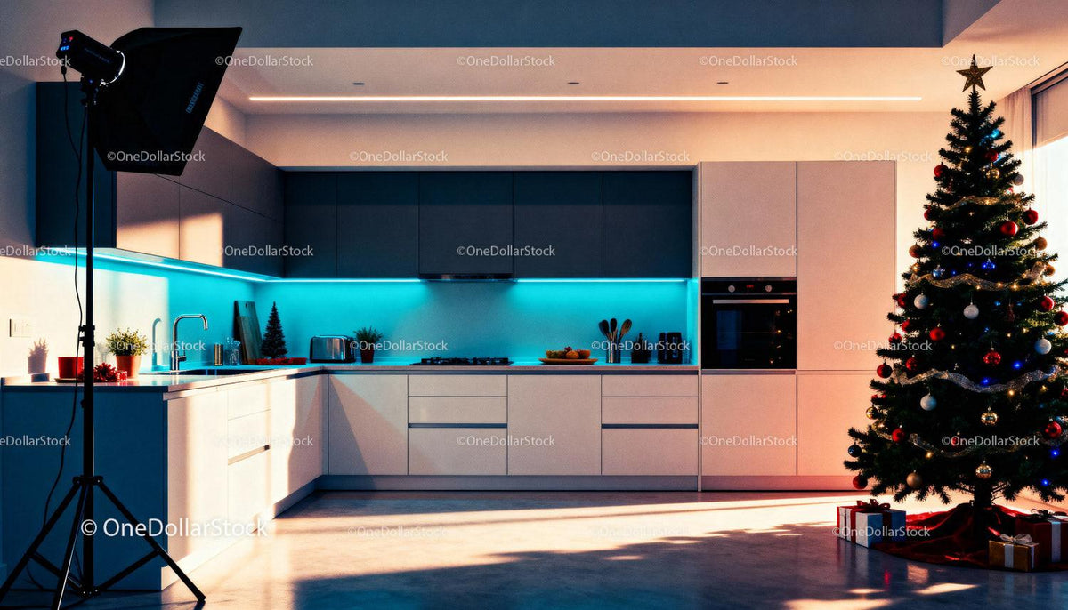 Modern kitchen with decorated Christmas tree and ambient lighting