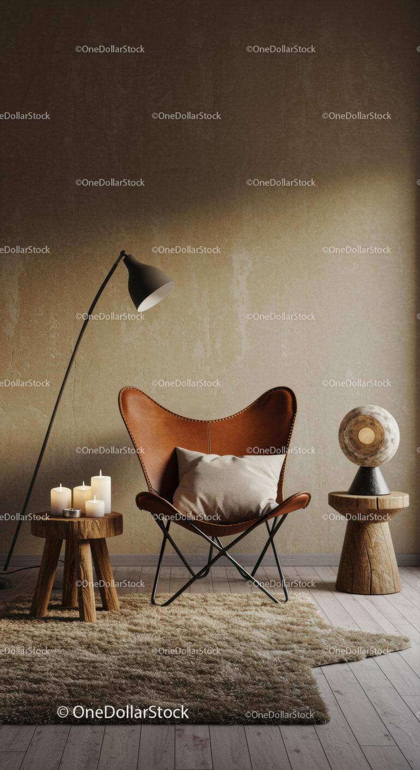 Cozy reading corner with leather chair and warm lighting