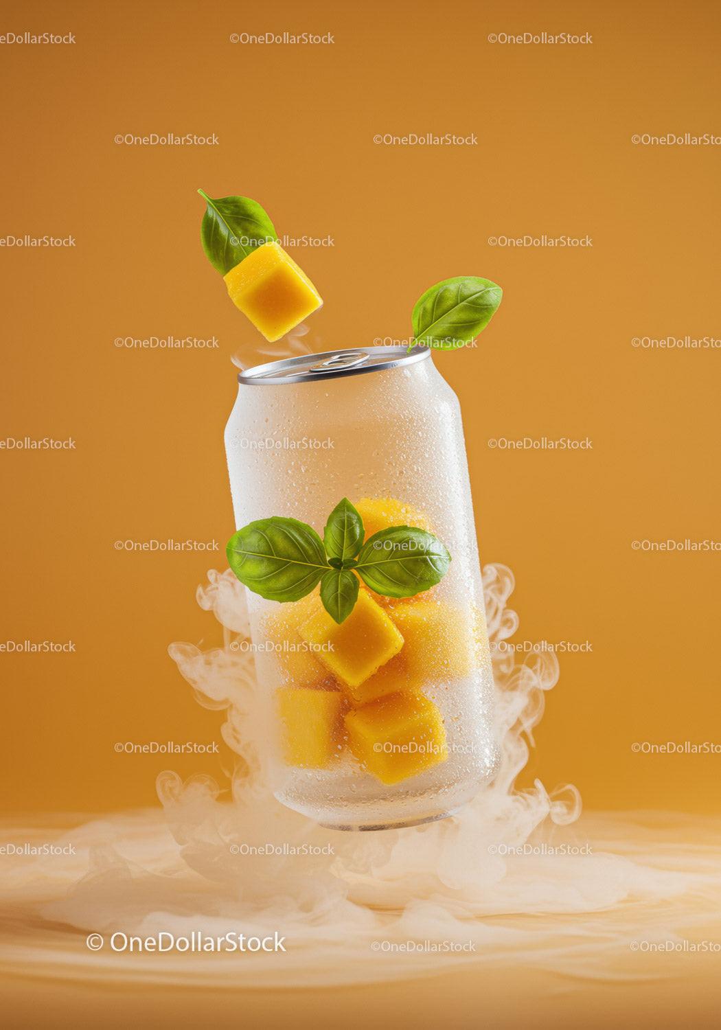 Refreshing Cold Drink with Mango and Basil Leaves