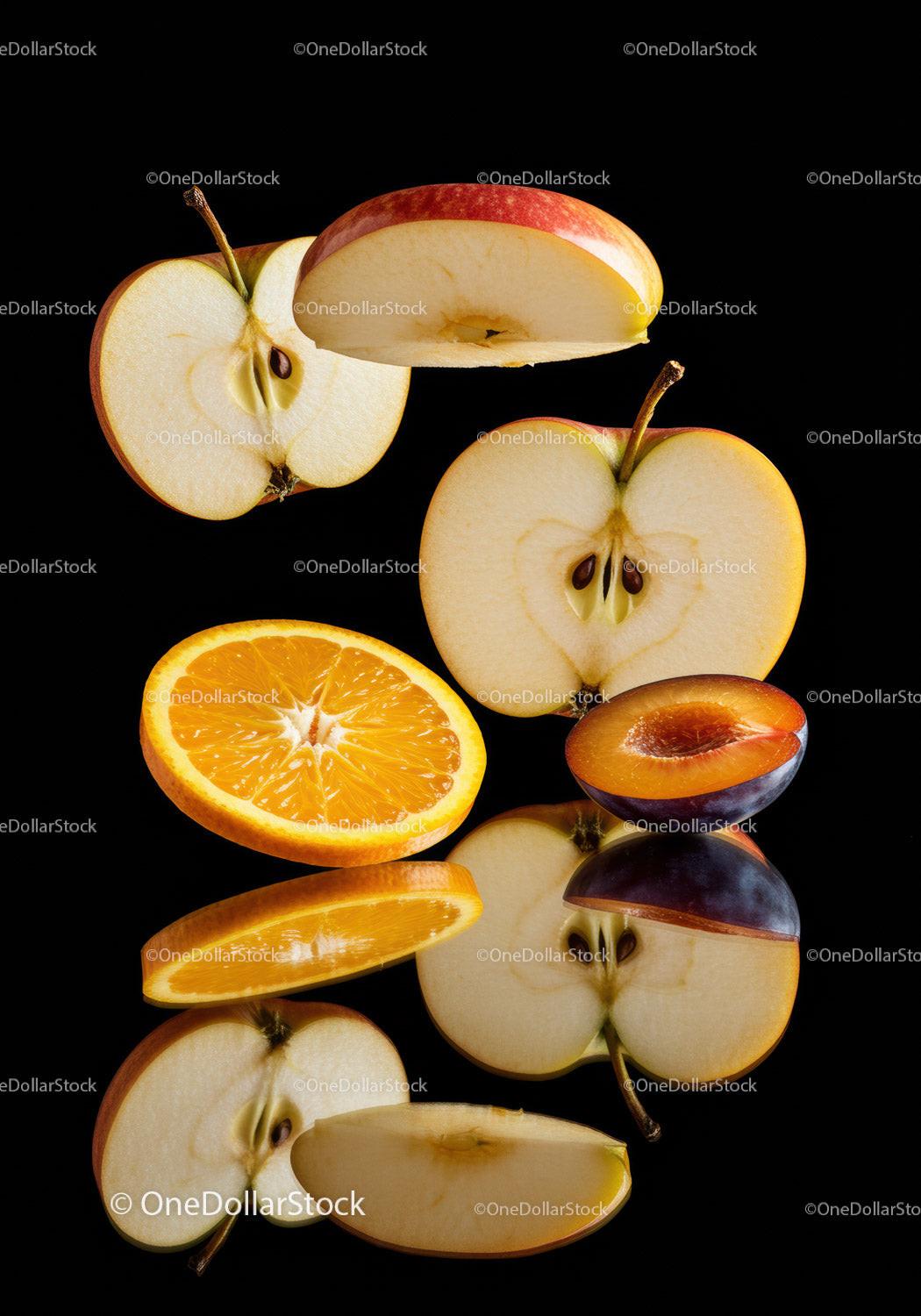 Fresh sliced apples orange and plum with reflection