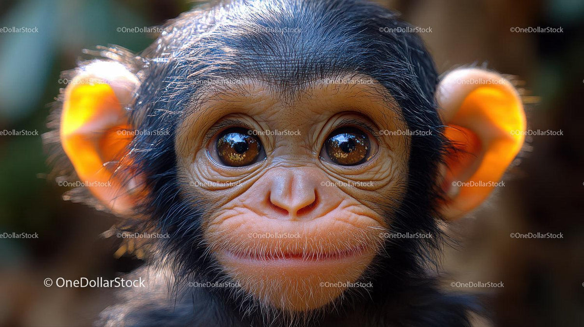 Close-up of baby chimpanzee with big eyes and orange ears